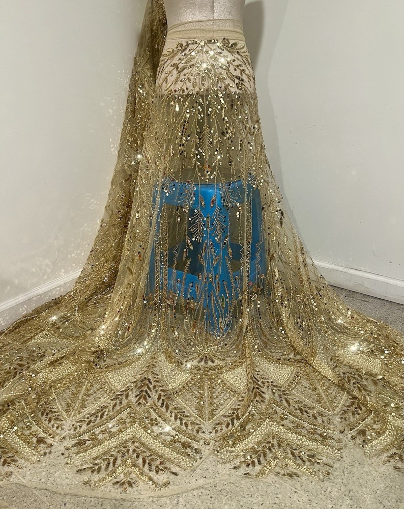 Gold Beaded Sequins Embroidery Lace Fabric 50” Width By The Yard