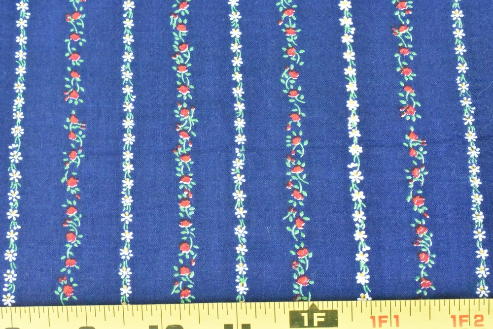 By 1/2 Yd, Vintage, Red Green White Floral Striped on Navy Cotton/Cranston,P9407