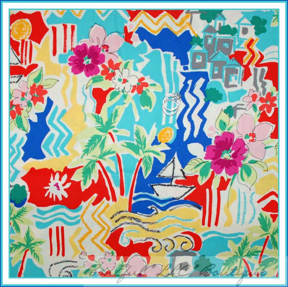 BonEful Fabric FQ Cotton Quilt Red Blue Flower Sail Boat Island Hawaiian Scenic