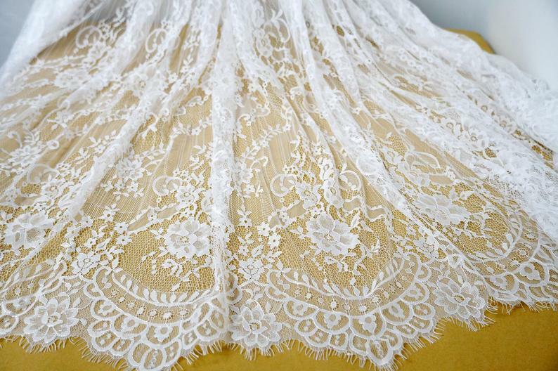 Off white eyelash lace fabric chantilly scalloped fabric soft french lace fabric