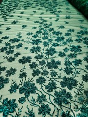 Emerald Green Lace fabric 57” W Fabric Sold By The Yard Glitter Floral For Dress
