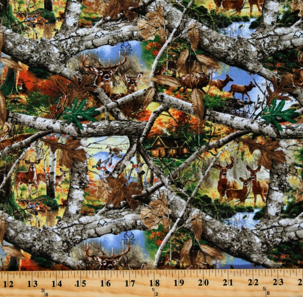 Cotton Deer Trees Branches Leaves Scenic Camoflauge Fabric Print by Yard D679.63