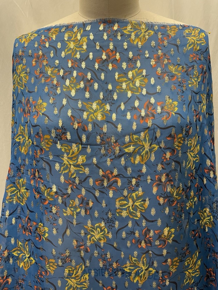 100% Silk Georgette Blue Gold Lurex Metallic Floral Fabric by the Yard 54″ Wide