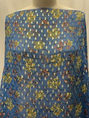 100% Silk Georgette Blue Gold Lurex Metallic Floral Fabric by the Yard 54″ Wide