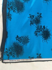 Vtg.silk fabric/material Peacock blue with Black Foral design, made in Hong Kong