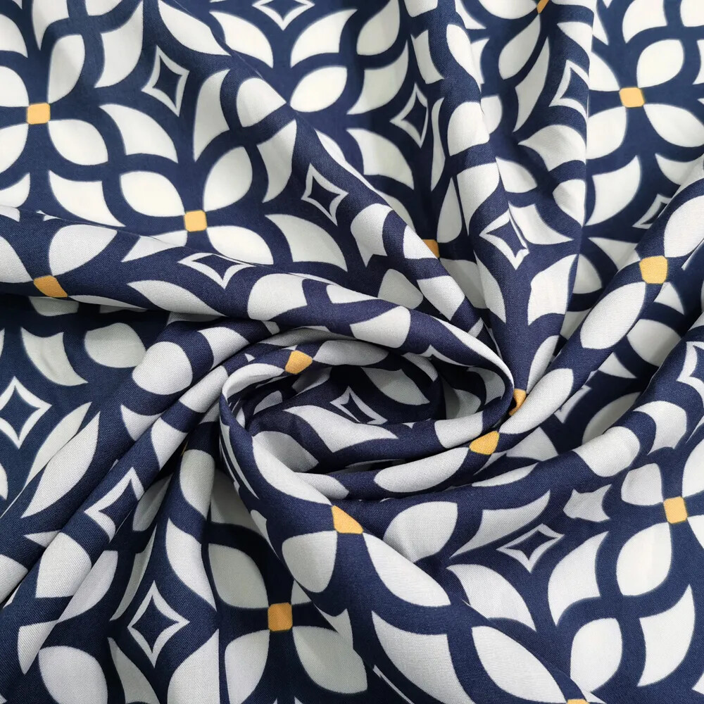 55” By Yards Navy White Retro Viscose Fabric Soft Sewing Material Rayon