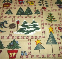 Vintage Sewing Fabric Primitive Christmas Trees Birdhouse Tan Backdrop 63″ x 45″