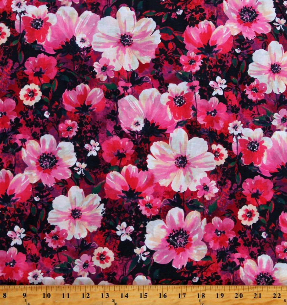 Cotton Lawn Flowers Floral Blooms Pink Magenta Fabric Print by the Yard D186.05