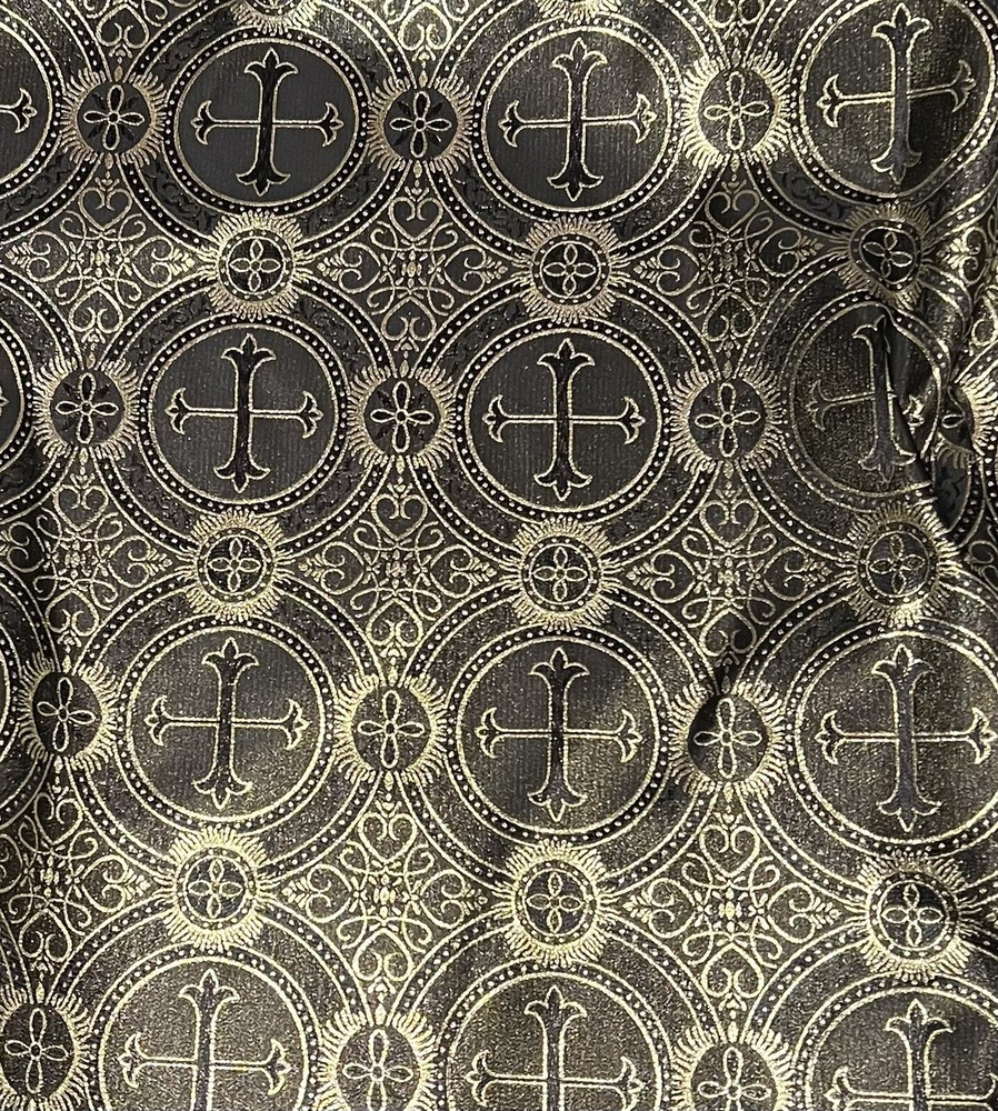 Black Gold Metallic Church Cross Brocade Fabric 60” Width Sold By The Yard