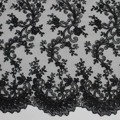 Melody BLACK Polyester Floral Embroidery with Sequins on Mesh Lace Fabric by th