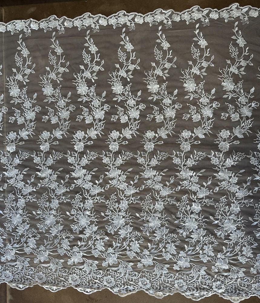 White Embroidered Floral Bridal Lace With Scalloped Edges