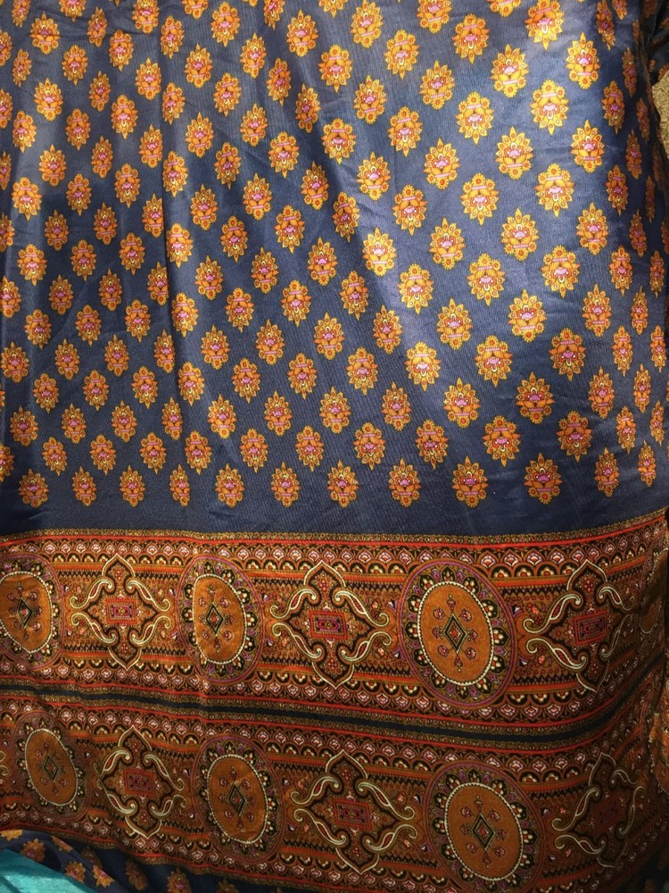Vintage 1970s Blue Scarf Fabric Border Print 3 1/2 Yards