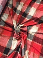 Beautiful black red gray beige combination soft Jersy plaid 60” wide.
