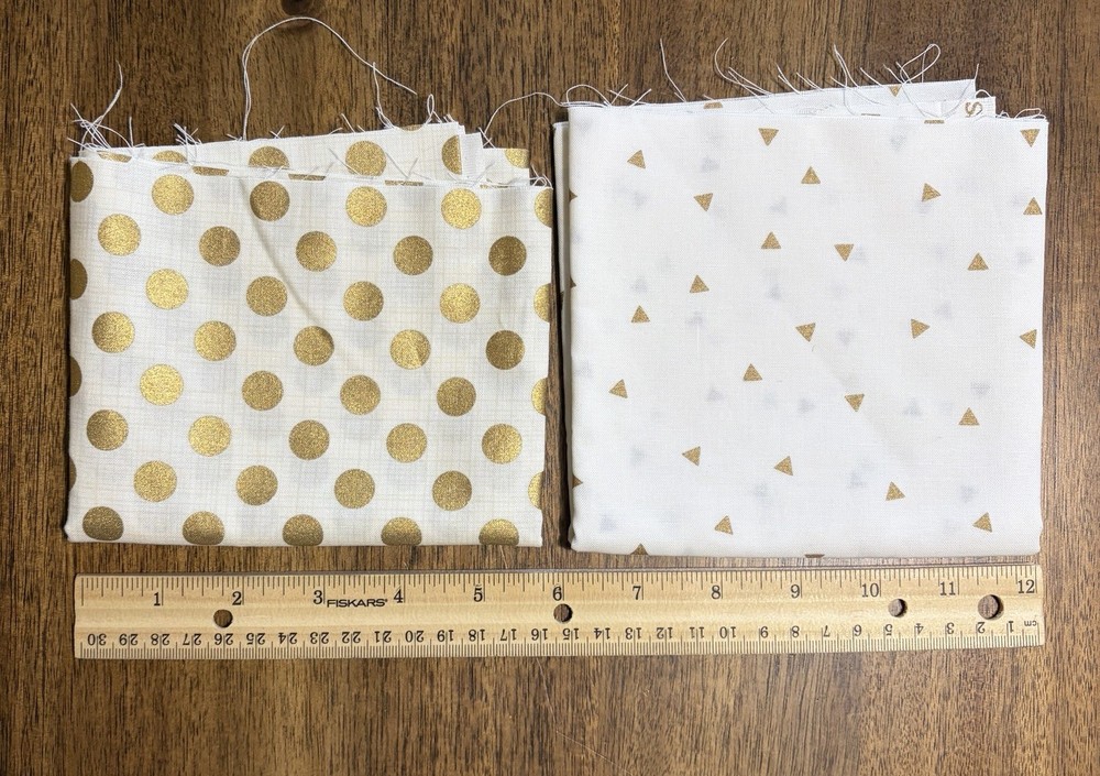 Two 1/4-yard pieces fabric Off-White Gold Polka Dot Triangle