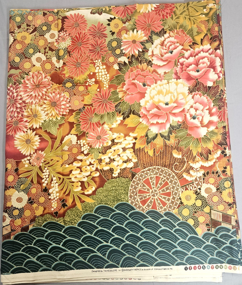 Vintage 9.5 yards cotton fabric floral red & teal with gold metallic by Kesslers