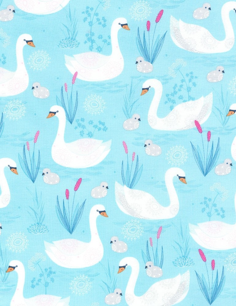 Nursery Baby Fabric – Swans on Aqua Blue – Timeless Treasures YARD