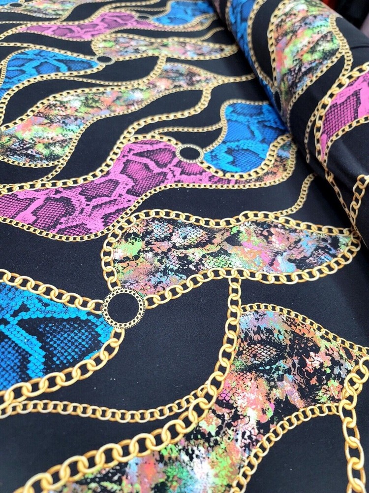 Blue and Yellow Snake Animal Print on Black Spandex Knit Fabric by the Yard
