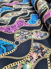 Blue and Yellow Snake Animal Print on Black Spandex Knit Fabric by the Yard