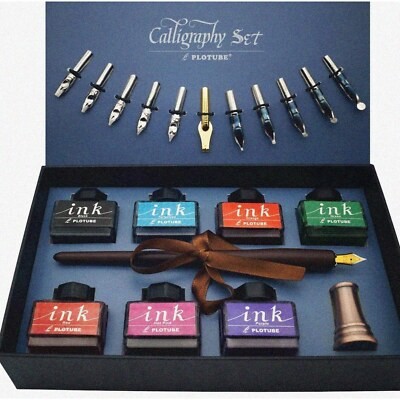 Calligraphy Set with Wooden Dip Pen and Ink Bottles