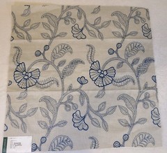 G P & J Baker Fabric Sample Blue Tan 100% Linen 20 1/2″ X 20 1/2″ Embroidered