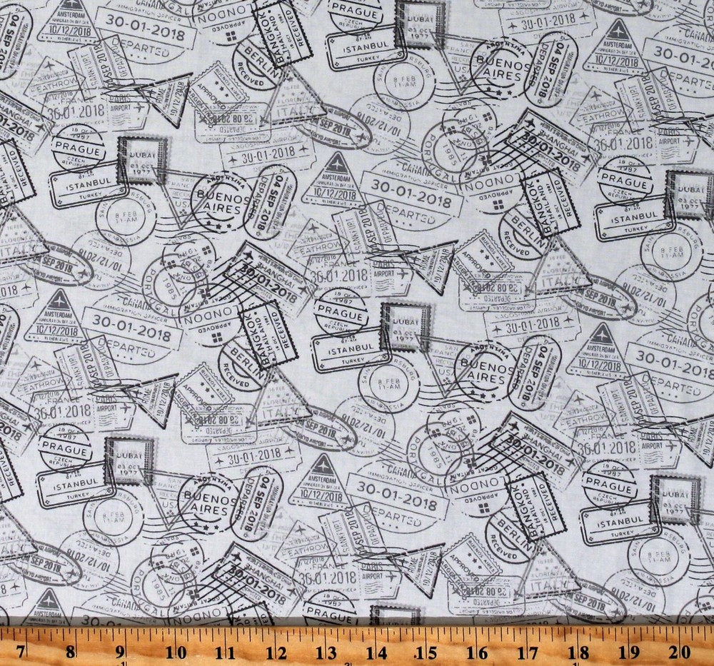 Cotton Passport Stamps Travel Low Key Mist Gray Fabric Print by the Yard D476.66
