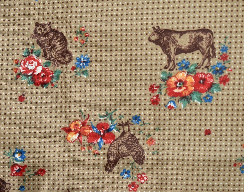 VTG Joan Kessler Cotton Fabric Concord Farm & Floral Chicken Cow Sheep Tan Dots