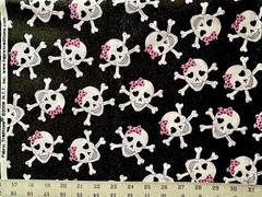 VTG 2008 Girly Skulls on Black, Pink Bow and Silver Glitter – 1 YD 14” x 44”