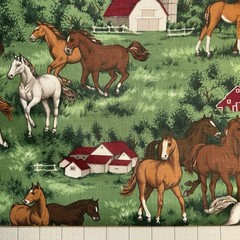 Vintage Cranston Horses on Farm with Barns on Green 100% Cotton ~ By the Yard