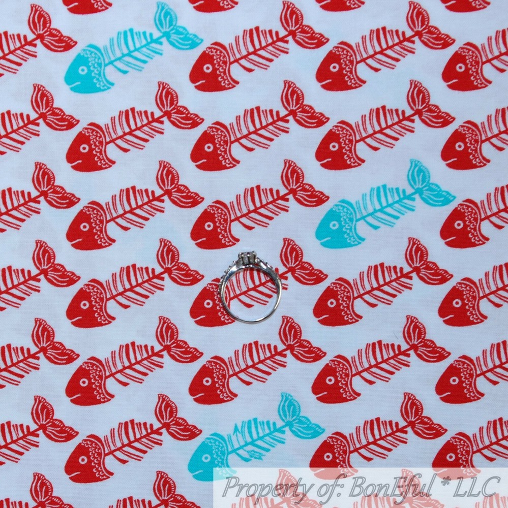 BonEful Fabric FQ Cotton Quilt White Red Aqua Blue Cat Fish Bone Stripe American