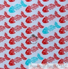 BonEful Fabric FQ Cotton Quilt White Red Aqua Blue Cat Fish Bone Stripe American