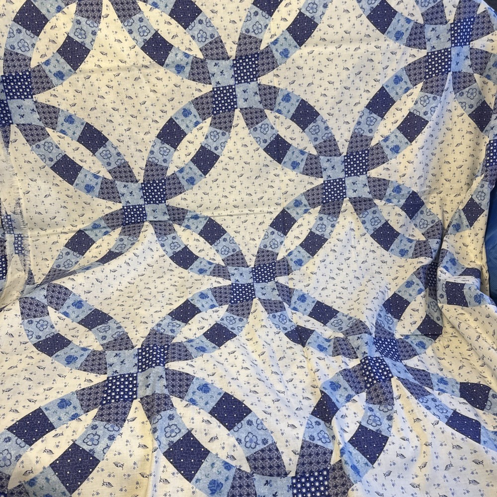 Cheater Quilt Fabric Wedding Ring 90s VTG 90×100 Duvet Blue & White NEW Sewing