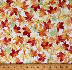 Cotton Leaves Leaf Fall Autumn Seasonal White Fabric Print by Yard D509.47