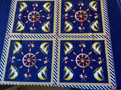 NAUTICAL FABRIC~Large Squares~NAVY YELLOW RED~Sailboat~Tiller~Anchor~FLAGS~Check