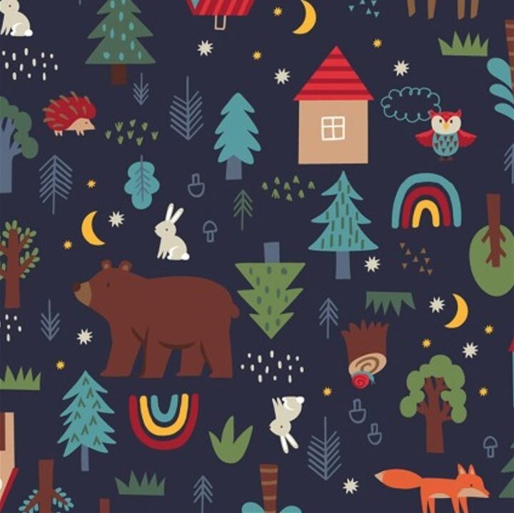 Fleece In the Woods Night Woodland Animals Navy Blue Fleece Fabric Print A338.24