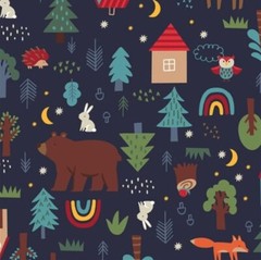 Fleece In the Woods Night Woodland Animals Navy Blue Fleece Fabric Print A338.24