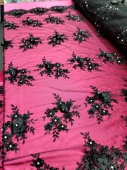 Black 3D Floral Lace Embroidered Rhinestones in a Mesh Lace Fabric By Yard