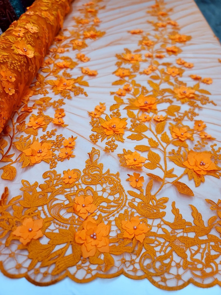 Orange 3d Lace Fabric Sold By The Yard Embroidered Pearls 3d Floral Prom Bridal