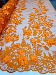 Orange 3d Lace Fabric Sold By The Yard Embroidered Pearls 3d Floral Prom Bridal