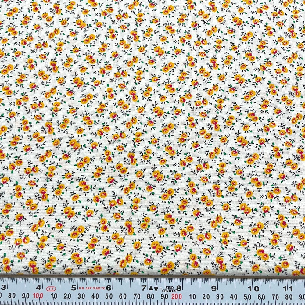 Vintage Golden Yellow & Red Florals on White Unbranded Cotton by the HALF YARD