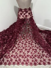 Burgundy pearl Beaded 3D Embroidery bridal Lace Fabric 50” Width 1 Yard