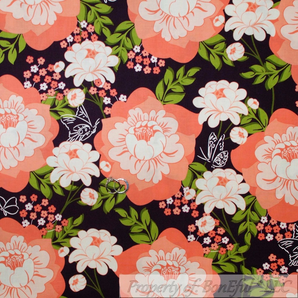 BonEful Fabric FQ Cotton Quilt VTG Brown Orange Peach Flower Butterfly Leaf Dot