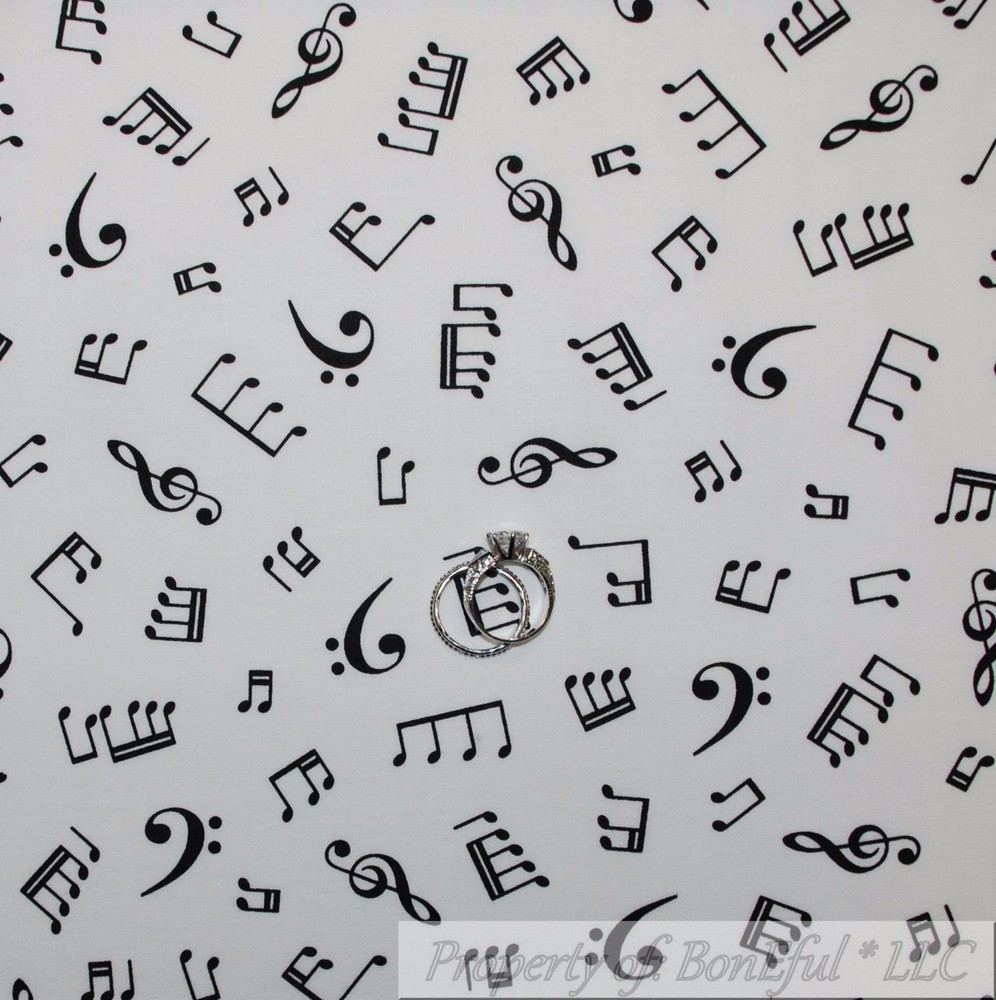 BonEful Fabric FQ Cotton Quilt VTG White Black Music Note Treble Bass Clef Piano