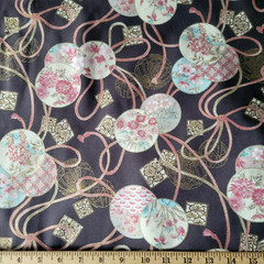 Circles & Ribbons Japanese Floral-Print Gray Cotton Shirting w/ Metallic Gold