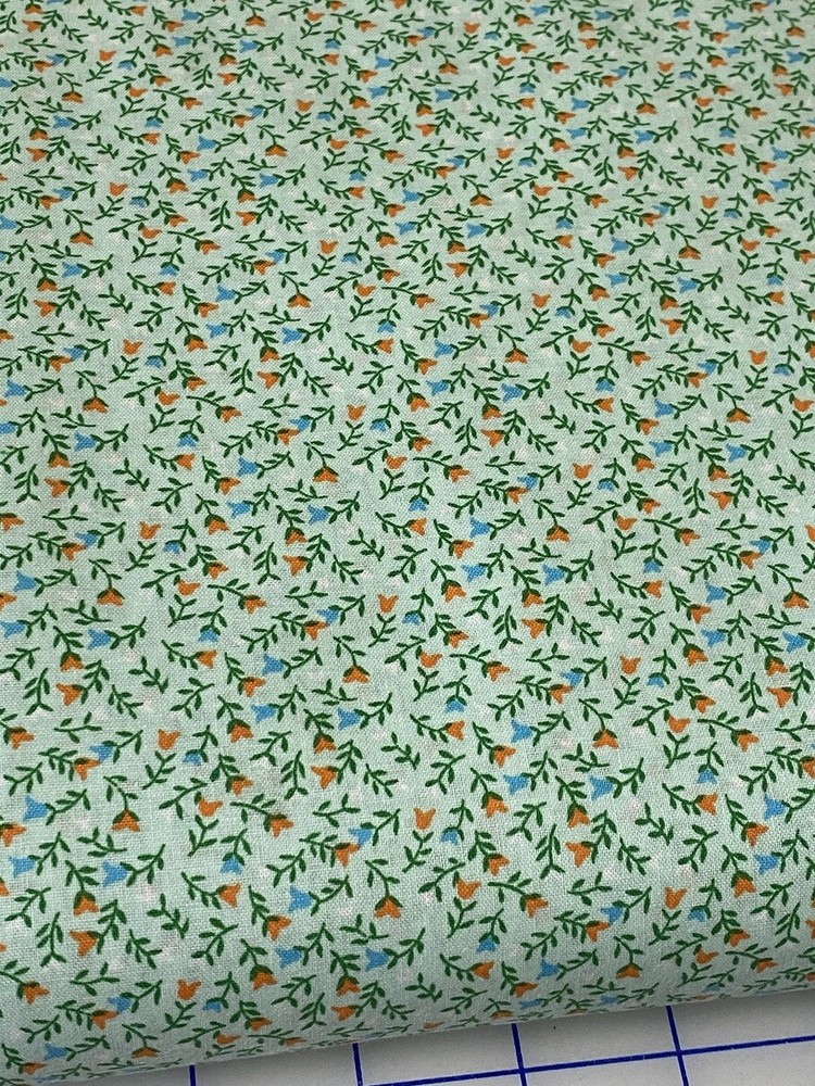 Country Calico Soft Mint w small Coral & Blue flowers cotton Fabric per yard
