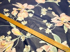 Vtg Glazed Chintz Fabric Navy Blue Iris Floral Polished Cotton 2.3 Yd Cut Selvag