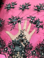 Black 3D Floral Lace Embroidered Rhinestones in a Mesh Lace Fabric By Yard