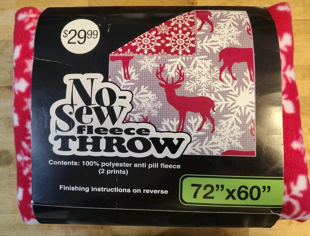 No-Sew Fleece Throw Kit – Snowflake/Deer Print Red/Gray/White 2 Prints 72”x60″