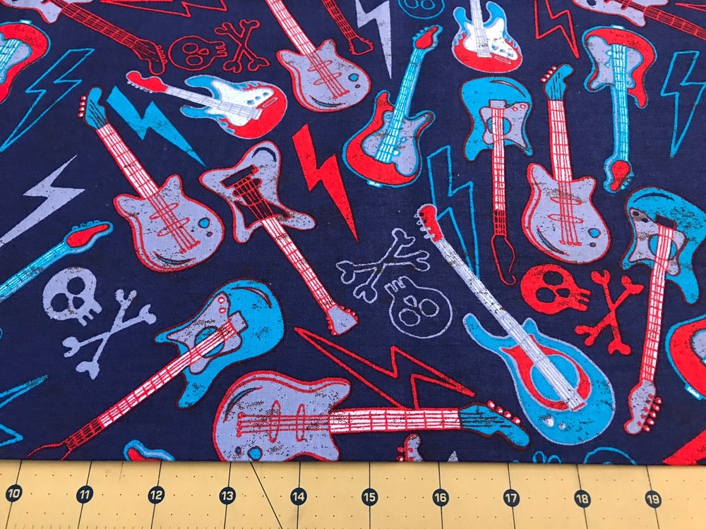 Guitars and Skulls on Blue 12” X 43” 100% cotton fabric #2549a