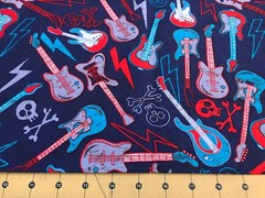 Guitars and Skulls on Blue 12” X 43” 100% cotton fabric #2549a