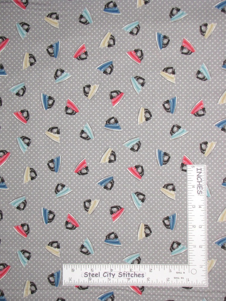 Sewing Theme Iron Toss Fabric 27″ X 44″ Gray Cotton Makower Stitch In Time